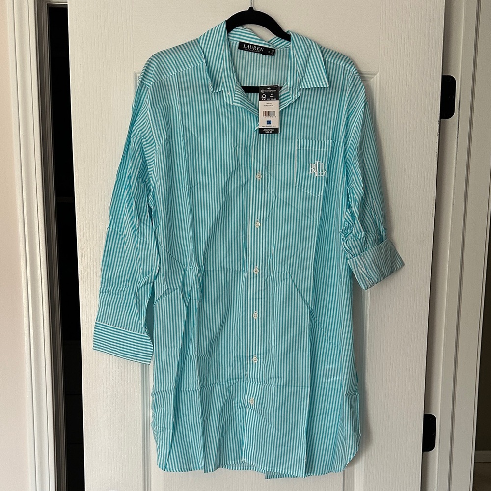 Lauren Ralph Lauren Men's Turquoise and White Stripe Button-Down Shirt